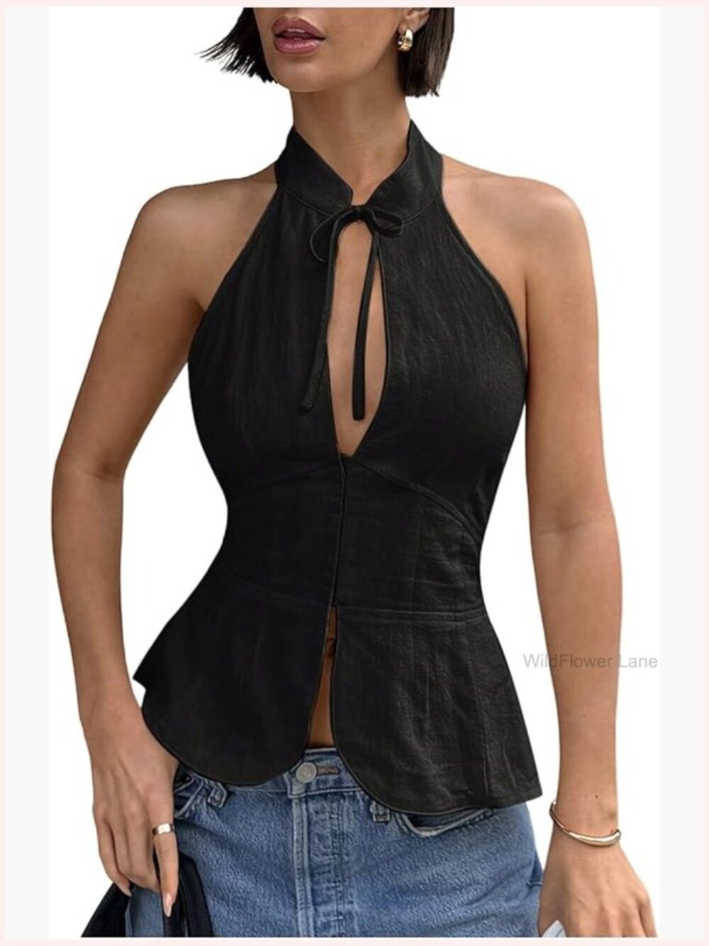 Sleeveless Open Back Halter Top Bow Tie Front Cut Out Fitted Blouse
